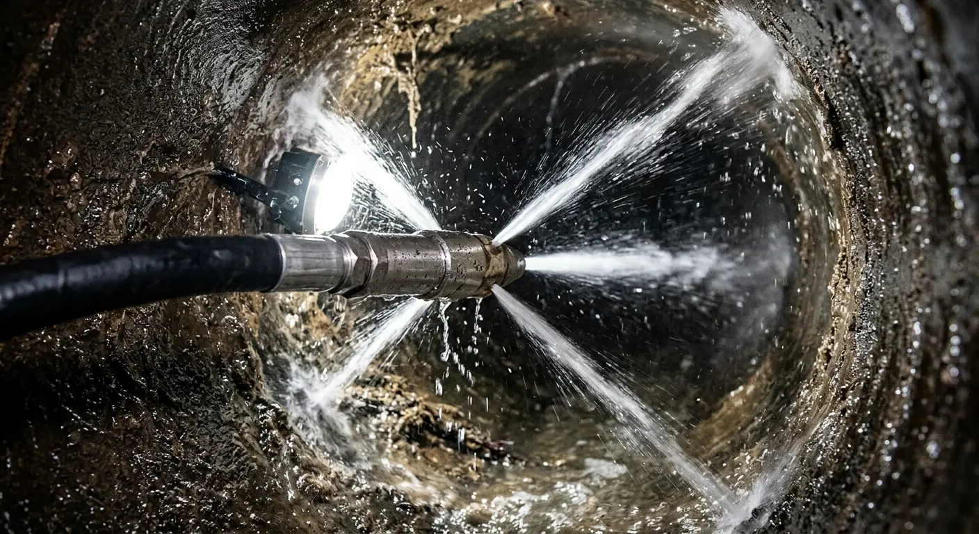 High-pressure hydro jetting nozzle cleaning sewer pipe for Trenchless Sewer Repair in Biddeford
