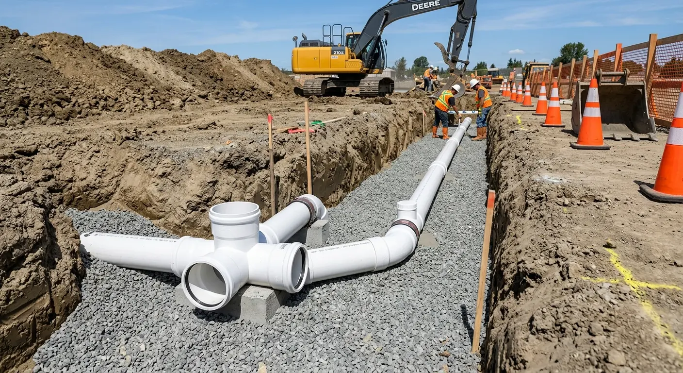 New PVC sewer pipe installation in open trench for Sewer Camera Inspection in Biddeford