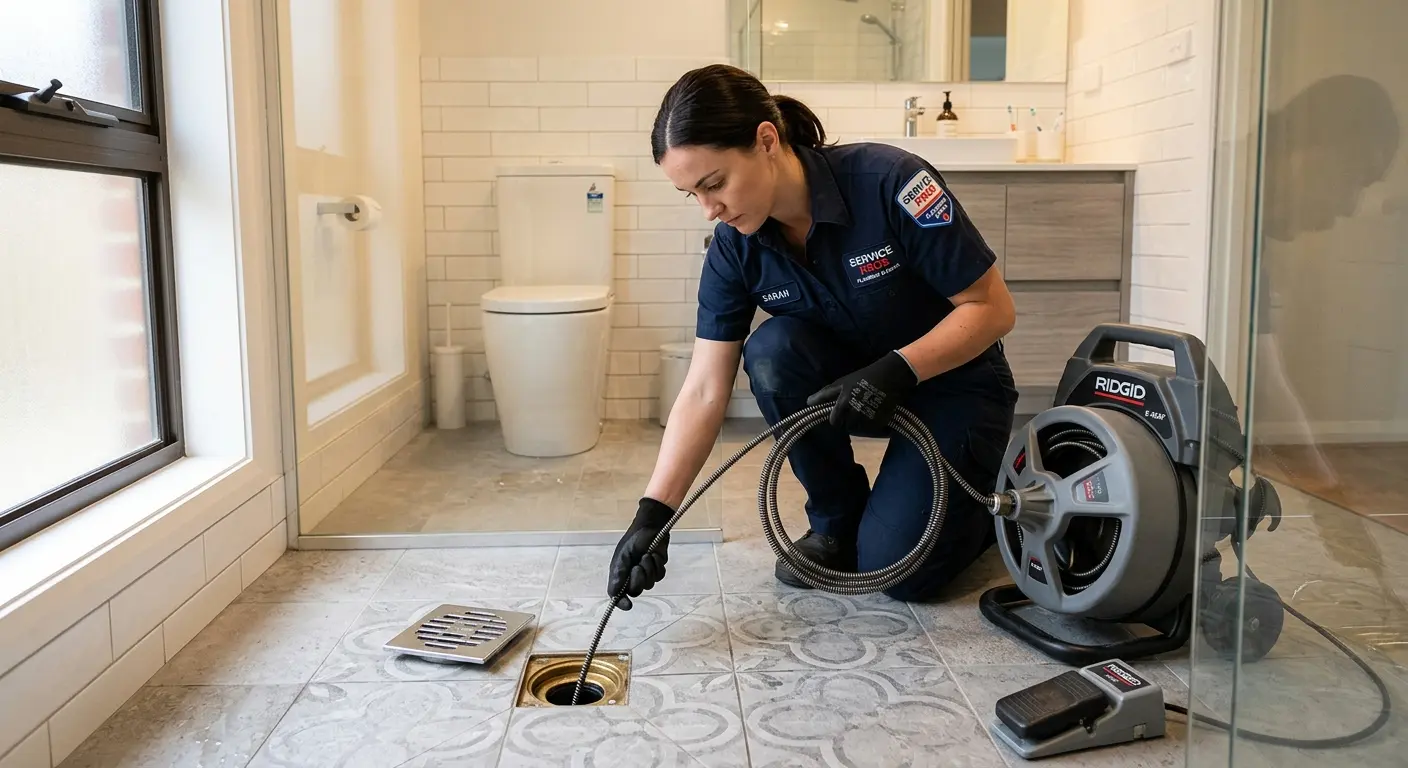 Technician clearing a bathroom floor drain for Sewer Line Installation in Biddeford